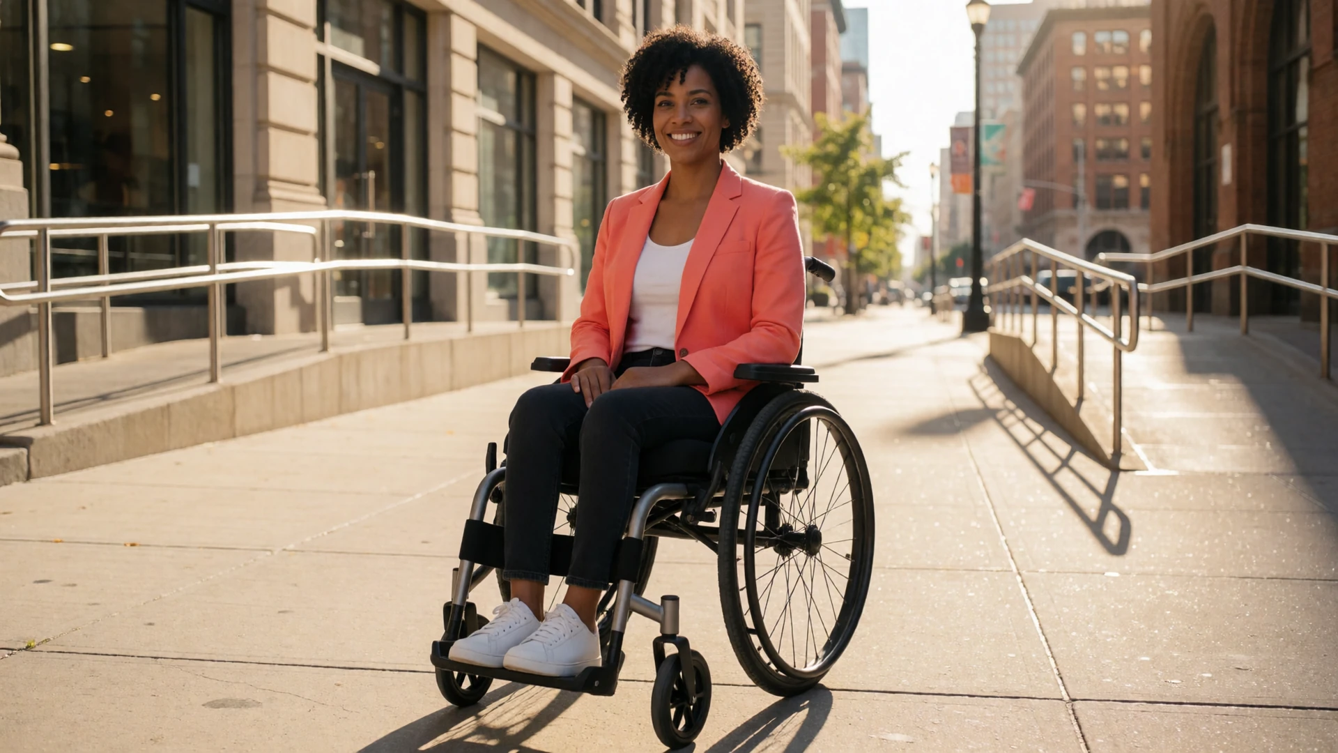 A woman in an electric wheelchair smiling confidently on a sunlit accessible city street, representing wheelchair dating