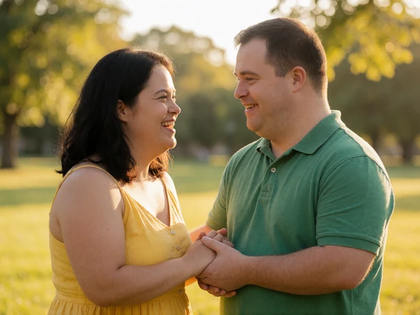 A couple with Down syndrome holding hands and smiling in a sunlit park, a LimitlessLove success story
