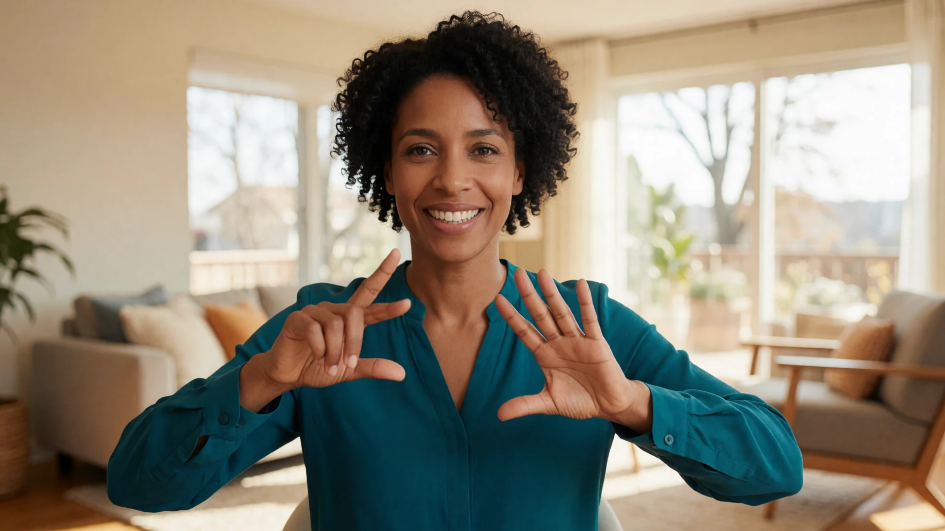 Deaf woman signing ASL in a bright living room, representing the deaf dating community on LimitlessLove