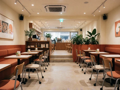 A spacious cafe interior with wide aisles and movable chairs, representing an accessible first-date venue