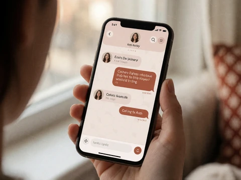 A smartphone displaying a modern chat interface with warm accent colors, representing text mode communication in deaf dating