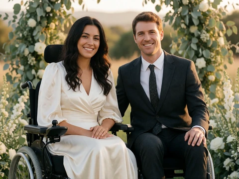 Hope in her wheelchair wearing an ivory wedding dress beside Daniel in a charcoal suit at their outdoor wedding