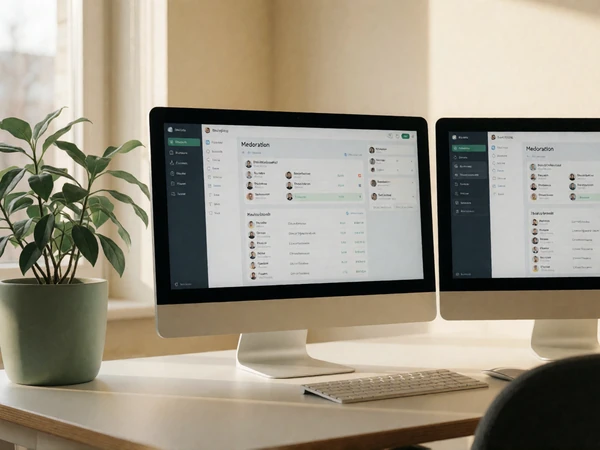 Moderation workspace with dual monitors displaying safety dashboards on a warm wooden desk