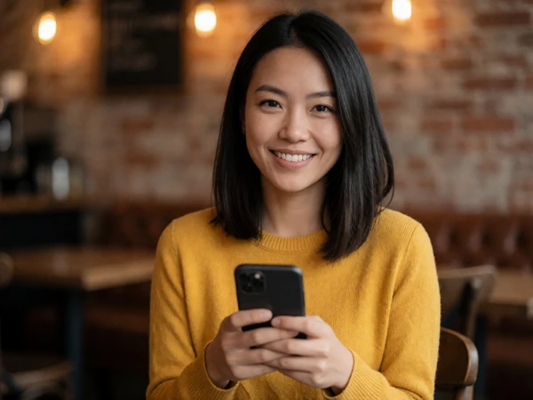 Deaf woman smiling while using her smartphone, representing profile creation on a deaf dating site