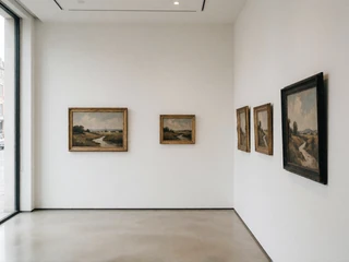 A minimalist art gallery with white walls and soft lighting, representing a calm predictable date environment
