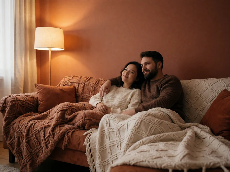 Couple relaxing on a couch watching a movie together, representing flexible low-energy date planning