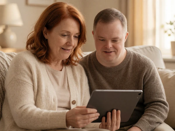 A mother helping her adult son with Down syndrome use a tablet on the couch, representing family support on LimitlessLove