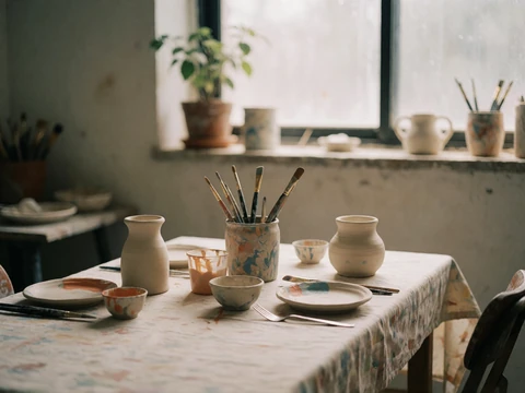 A quiet art studio with a pottery painting table, representing a low-energy creative date for cancer survivors