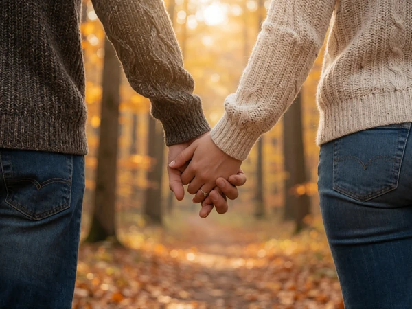 A couple holding hands while walking through a sunlit forest, representing daily support in PTSD dating