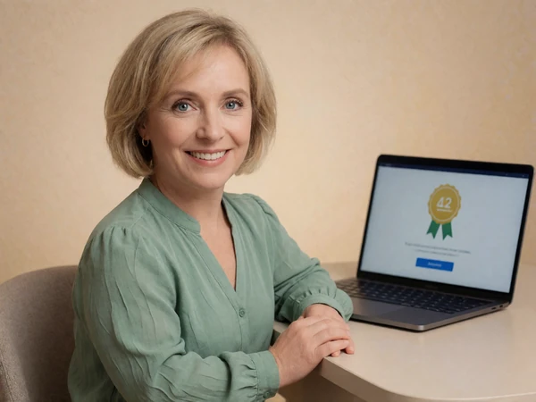 A little person woman at her laptop with a profile verification badge displayed, representing video verification on the dwarf dating site