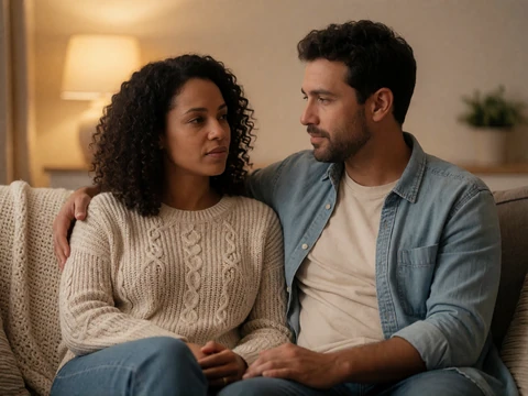 A couple having an honest conversation on a couch, representing communication about OCD in a relationship