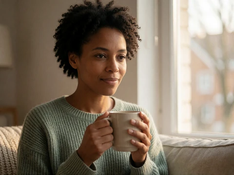 A calm woman practicing grounding techniques before a date, representing anxiety management for disabled daters