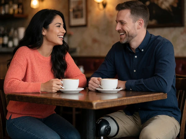 A couple enjoying dinner at an accessible seated restaurant, representing amputee dating date ideas