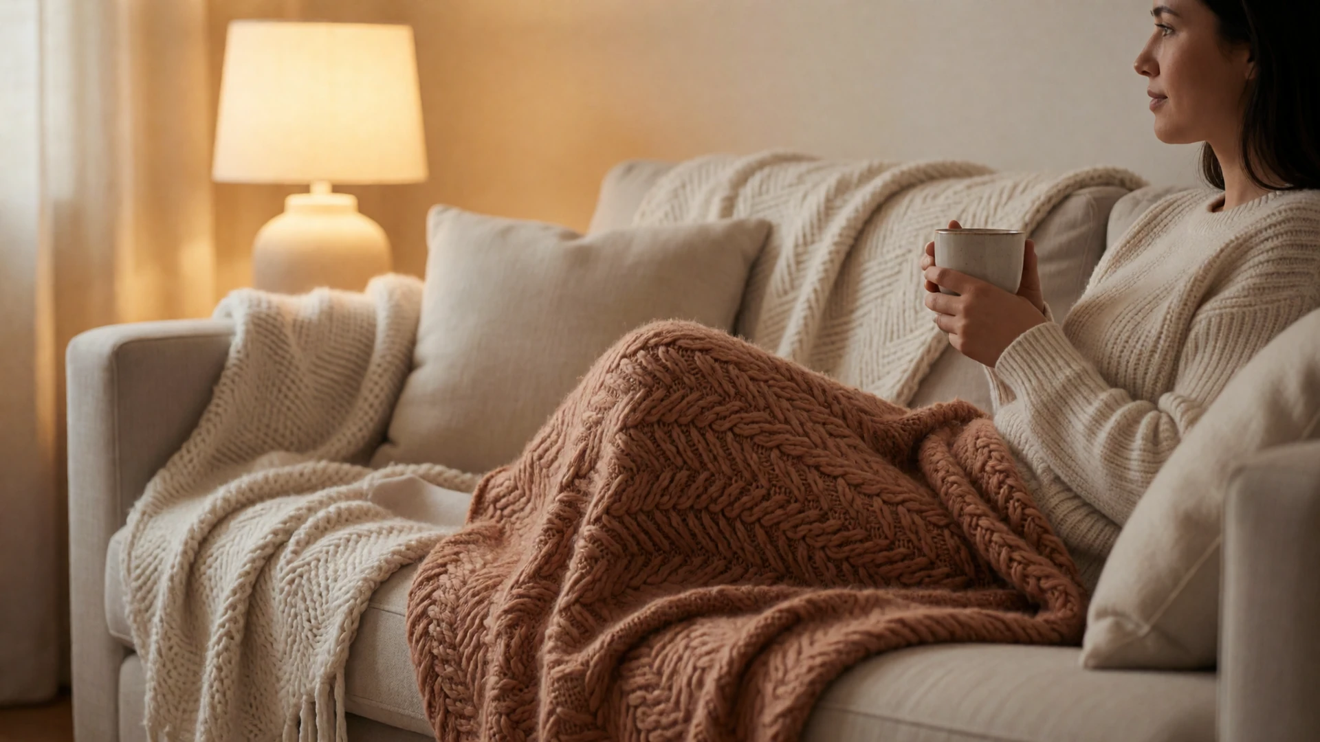 A cozy living room with soft blankets and warm lamp light, representing a comfortable low-energy date setting for fibromyalgia dating