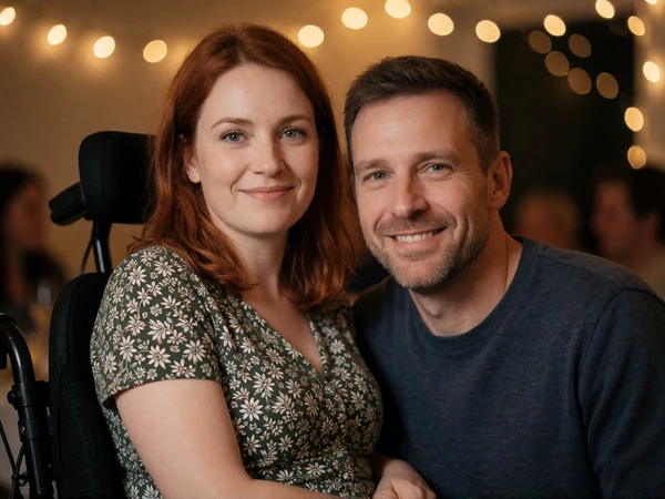 Hope and Daniel smiling together at their engagement party, a couple who met on LimitlessLove