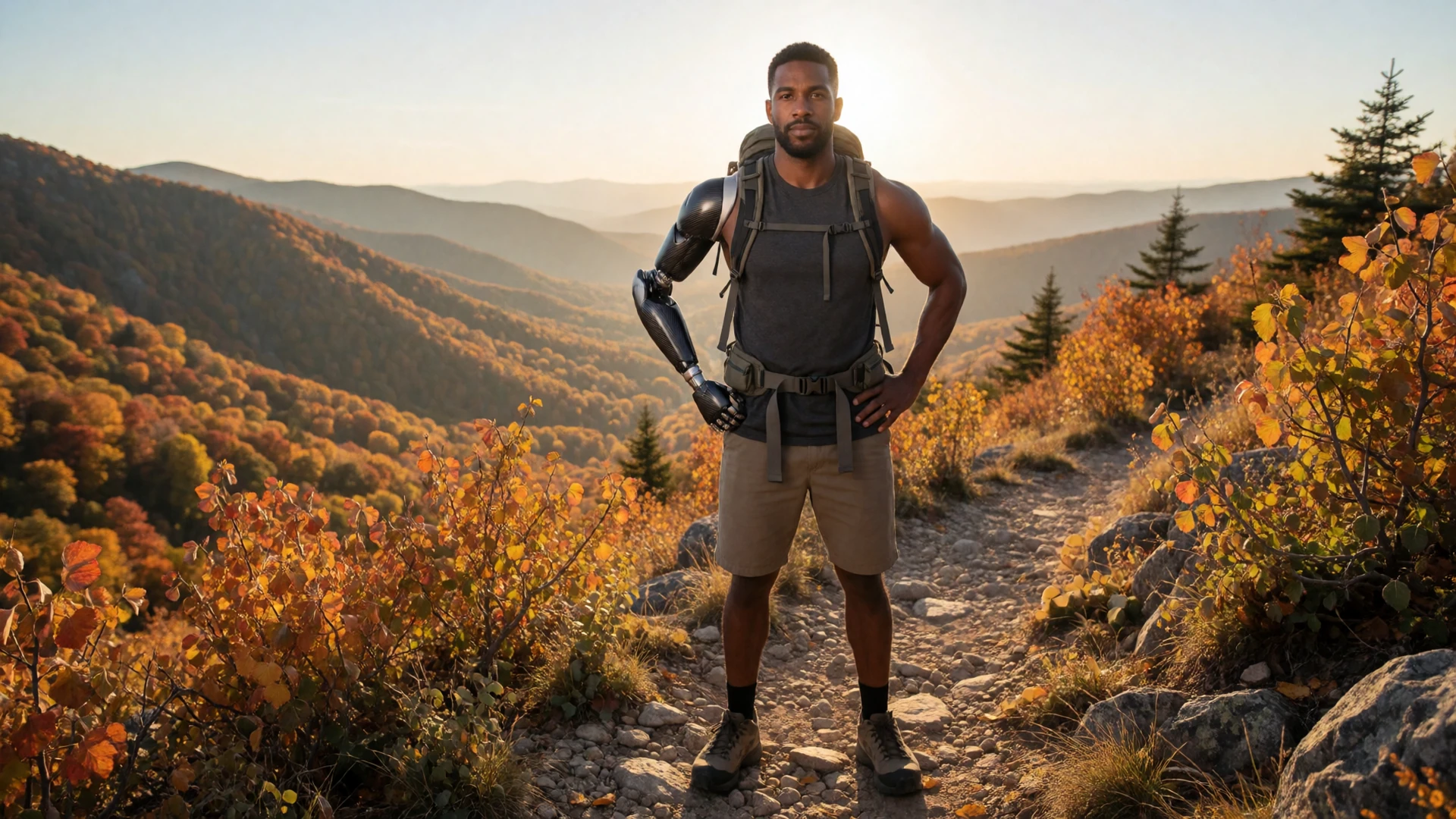 Man with a prosthetic arm hiking confidently on a mountain trail, representing amputee dating and active lifestyle