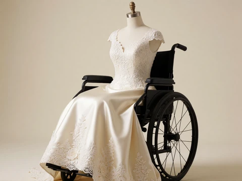 An elegant ivory A-line wedding dress designed for a wheelchair user, draping beautifully when seated