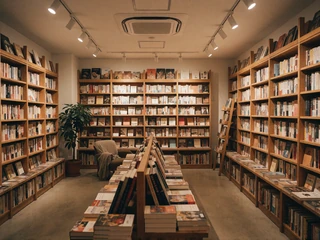 A quiet independent bookstore with warm lighting and wide aisles, representing a predictable low-stimulation date venue
