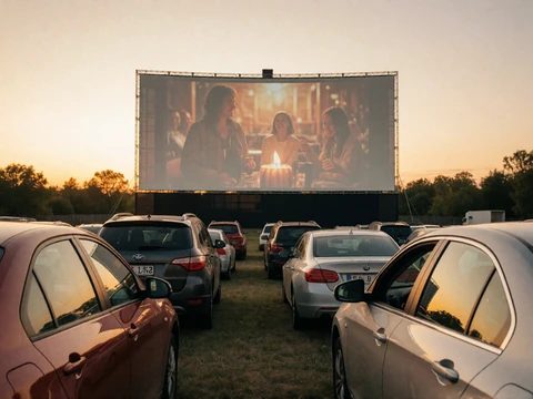 A drive-in movie theater at dusk with cars facing the screen, representing a comfortable low-energy date idea