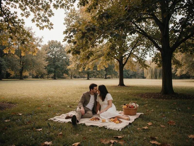 A couple enjoying a quiet picnic in a shaded park, representing safe and accessible epilepsy-friendly dating