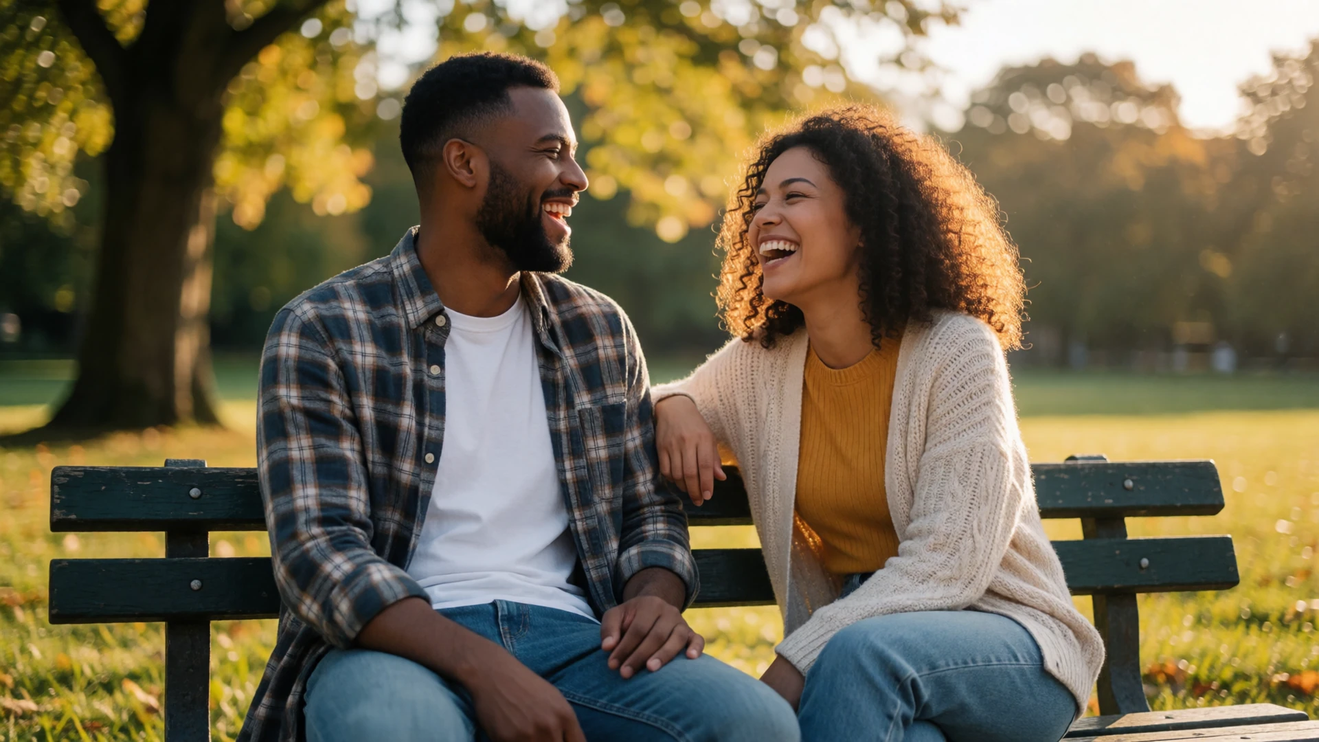 A diverse couple laughing together on a sunlit park bench, representing inclusive disabled dating