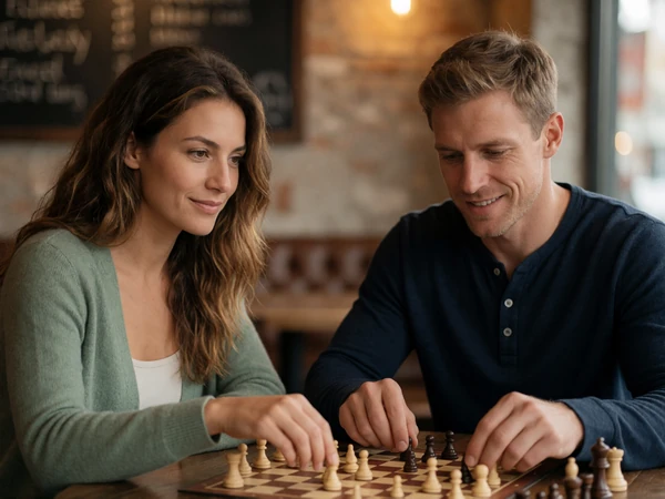 Couple playing a board game at a quiet cafe, representing structured ADHD-friendly dates