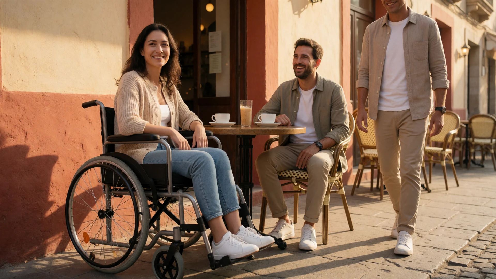 A couple enjoying a sunny outdoor cafe date, the woman seated in a manual wheelchair beside her partner, representing accessible date ideas for wheelchair dating