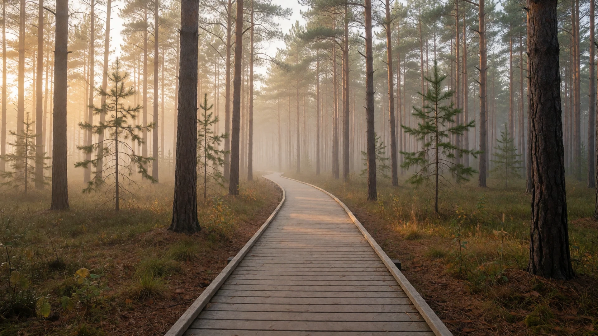 A flat accessible forest boardwalk winding through tall pine trees with morning mist, representing a peaceful outdoor setting for dating with multiple sclerosis
