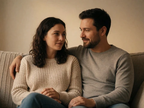 A couple having an intimate conversation on a couch, representing communication about boundaries in disability sexuality