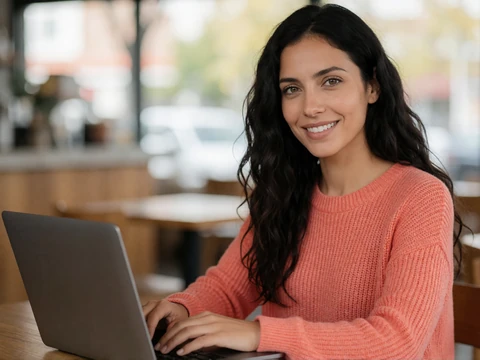 A 28-year-old woman smiling confidently in a cafe, demonstrating an authentic accessible dating profile photo
