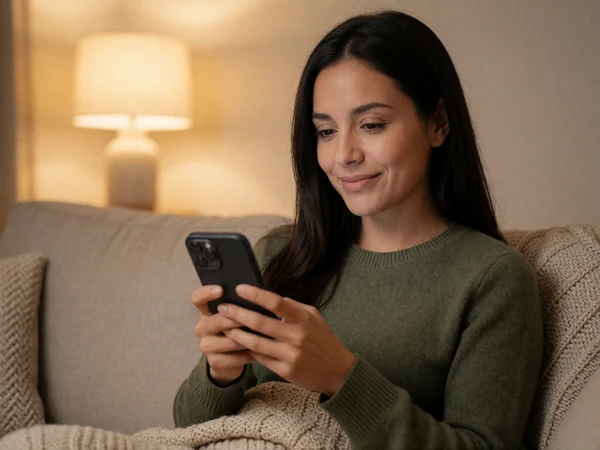 Autistic adult comfortably texting on a smartphone on a cozy couch, representing text-first dating communication