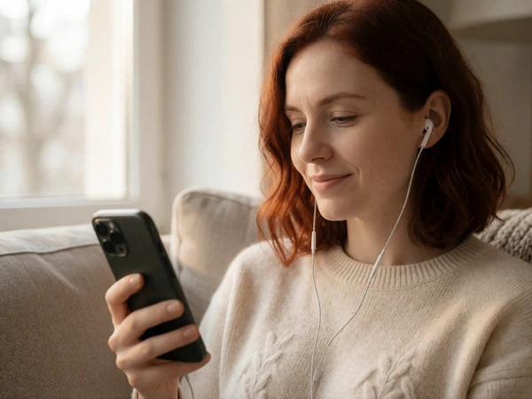 A visually impaired woman listening to her phone with earbuds while smiling, using the LimitlessLove blind dating app