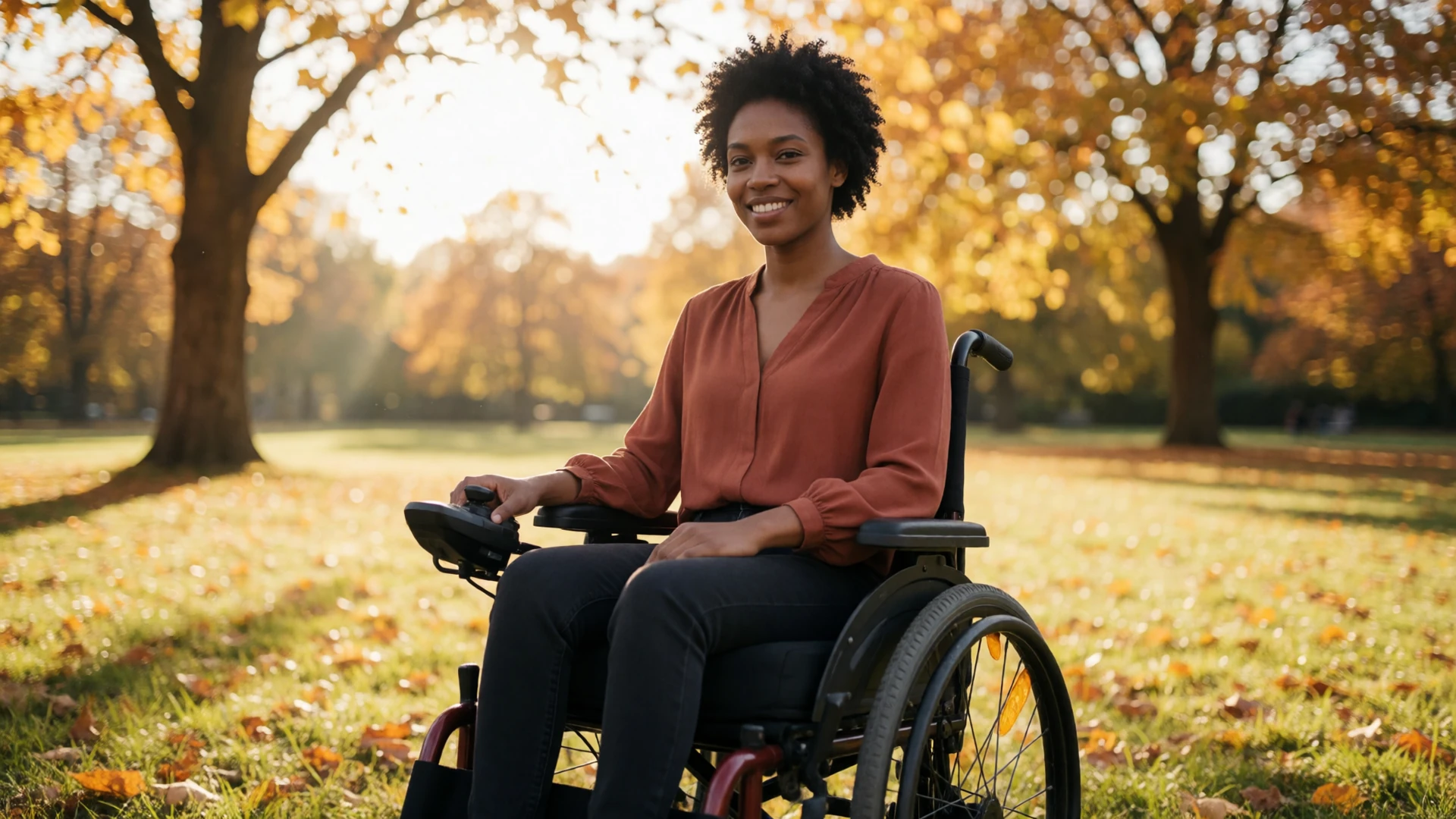 A woman with cerebral palsy smiling confidently in her electric wheelchair at a sunlit park, representing inclusive CP dating