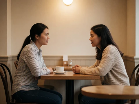 A woman having a calm conversation at a quiet cafe, representing the moment of disclosing a fibromyalgia diagnosis while dating