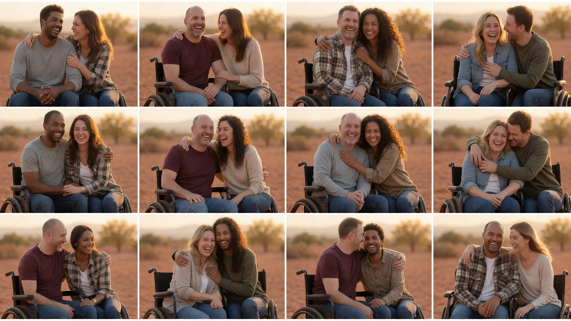 Diverse couples smiling together outdoors, representing real success stories from a disabled dating platform