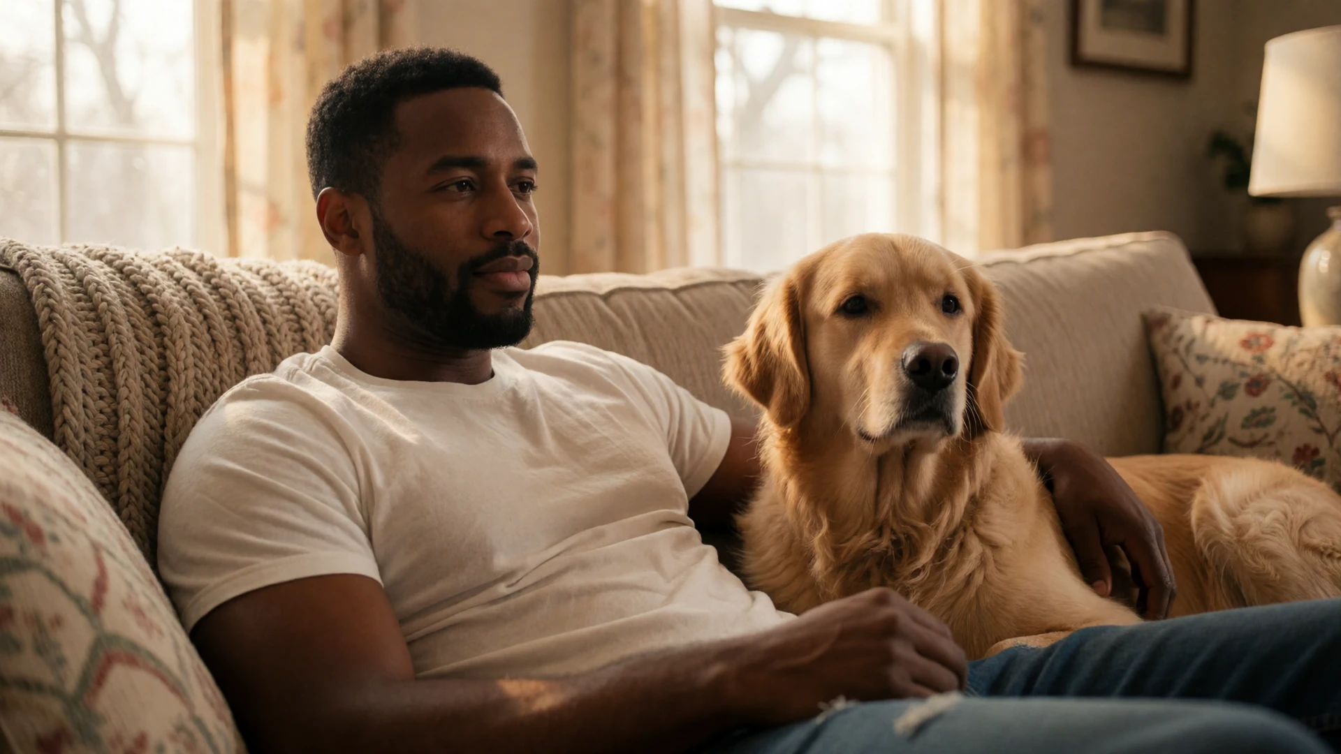 A man with epilepsy relaxing at home with his dog, representing safe and comfortable epilepsy dating