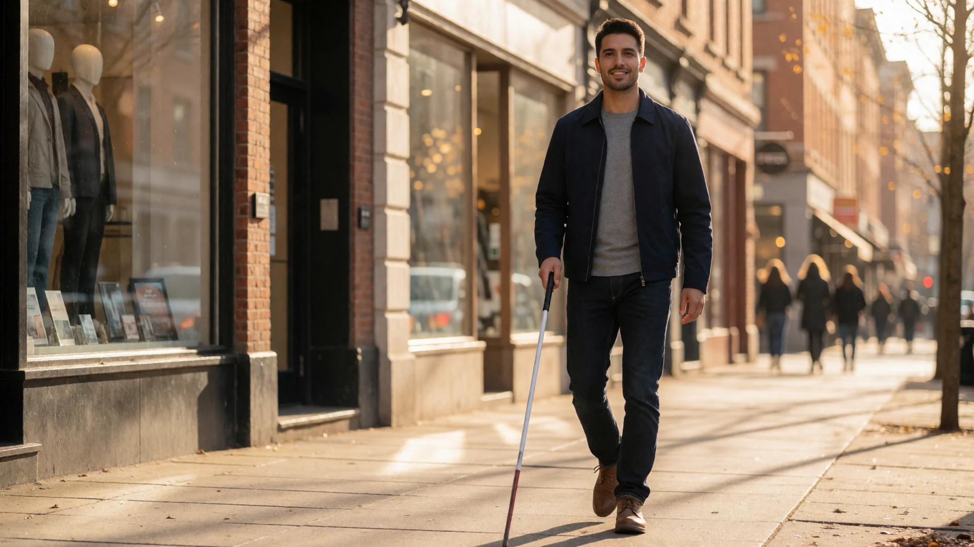 A blind man using a white cane walking confidently on a sunlit city sidewalk, representing accessible blind dating
