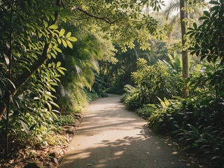 A paved nature trail through a botanical garden, representing a predictable outdoor date for anxiety-sensitive partners