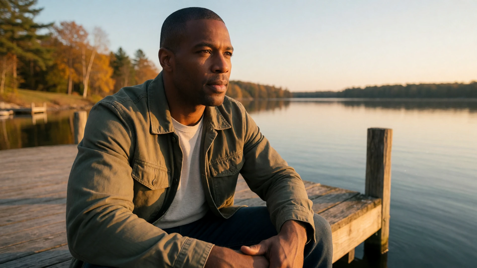 A military veteran sitting peacefully by a calm lake at sunset, representing trauma-informed dating with PTSD