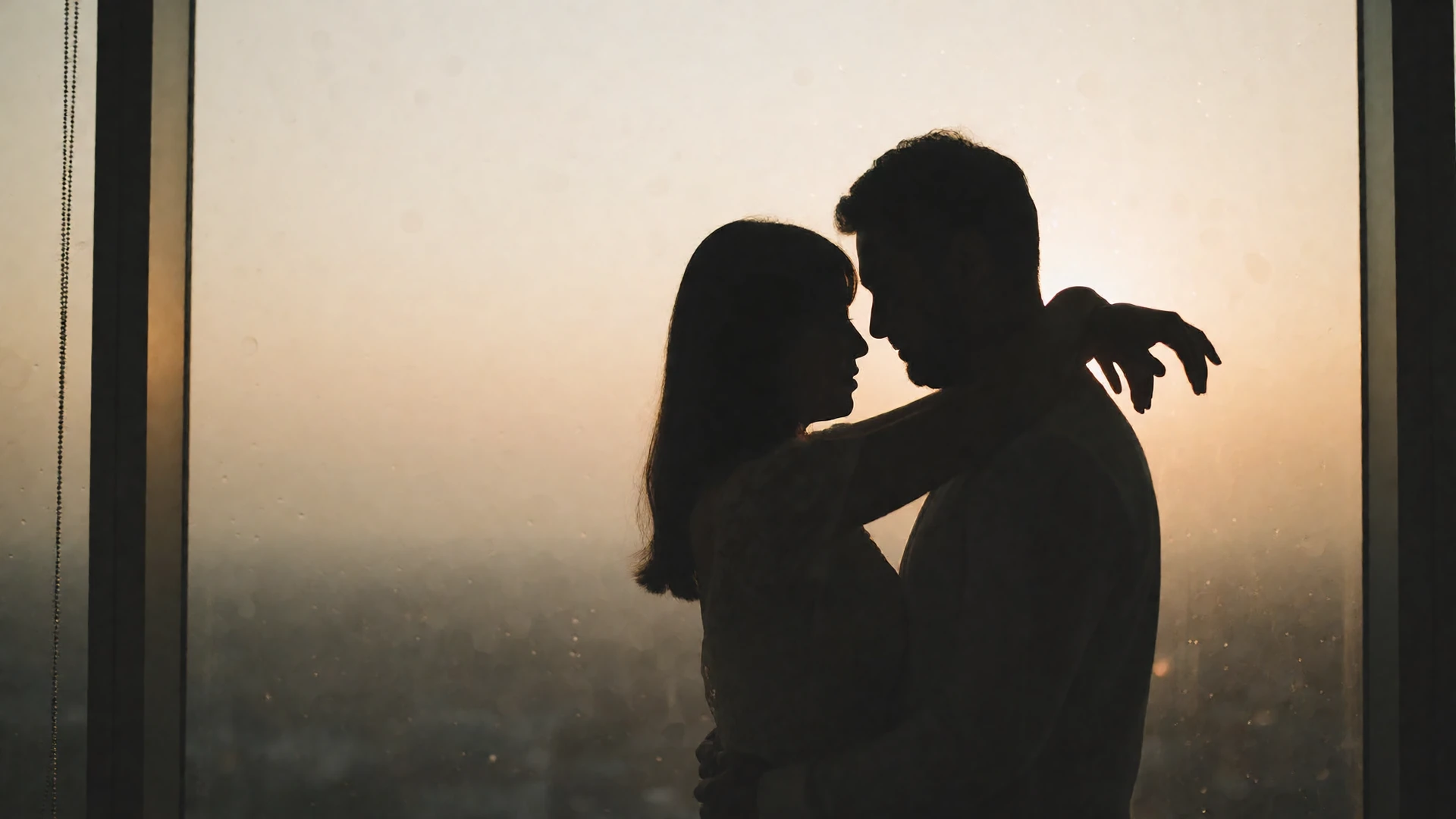 A couple silhouetted against a warm sunset window, representing disability sexuality and intimate connection