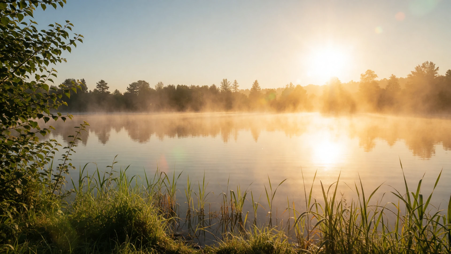 A bright golden sunrise over a calm lake, symbolizing hope and new beginnings in cancer survivor dating