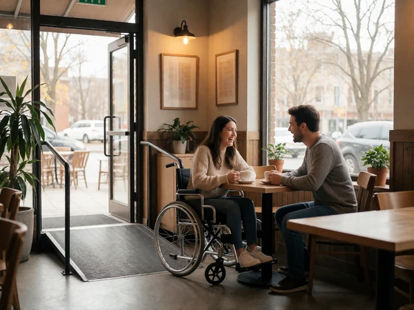 A couple enjoying coffee at an accessible cafe with a ramp entrance, representing wheelchair-friendly date planning