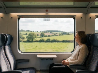 A scenic train ride through countryside viewed from a comfortable window seat, representing a low-energy accessible date idea for MS