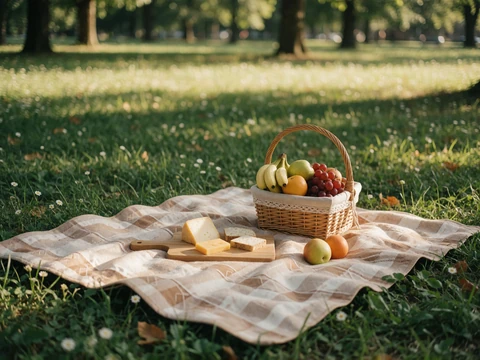 A peaceful park picnic setup with a blanket and food basket, representing a low-energy date idea for cancer survivors