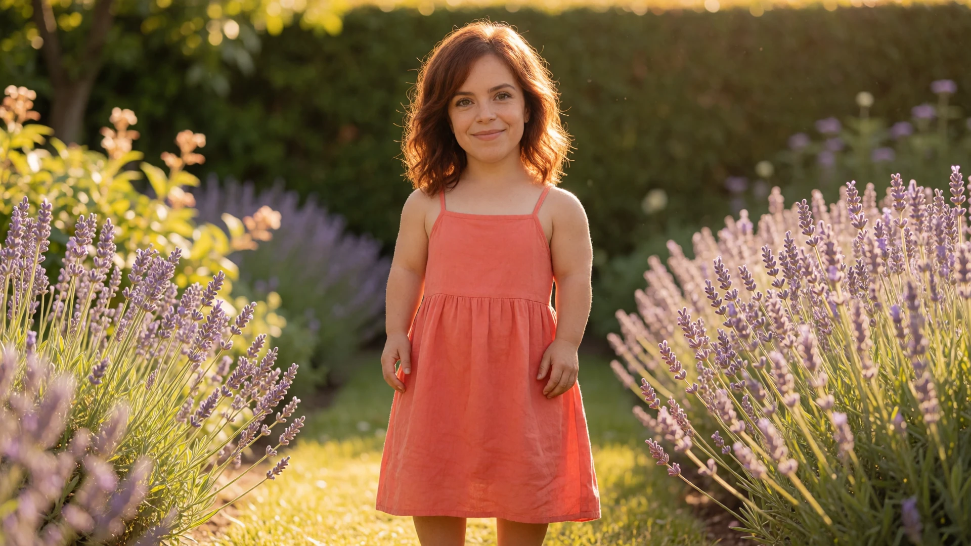 A little person woman smiling in a sunlit garden, representing the dwarf dating community on LimitlessLove