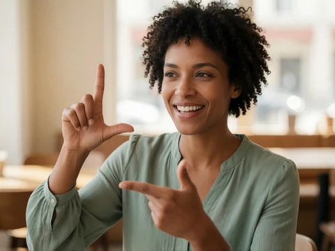 A woman signing expressively in ASL during a cafe date, representing deaf communication etiquette