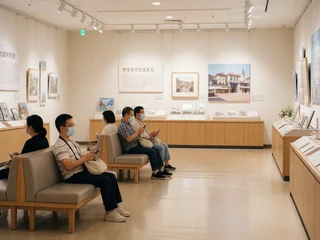 A bright air-conditioned museum interior with wide galleries and benches, representing a cool accessible date venue for MS dating