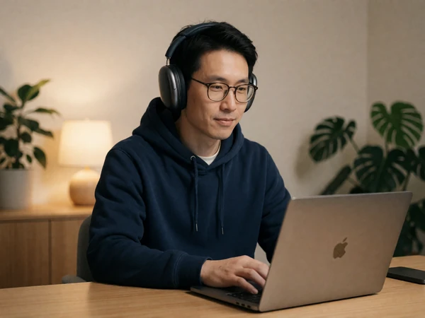 Autistic adult relaxing at a minimalist desk with noise-canceling headphones, illustrating low-pressure dating settings