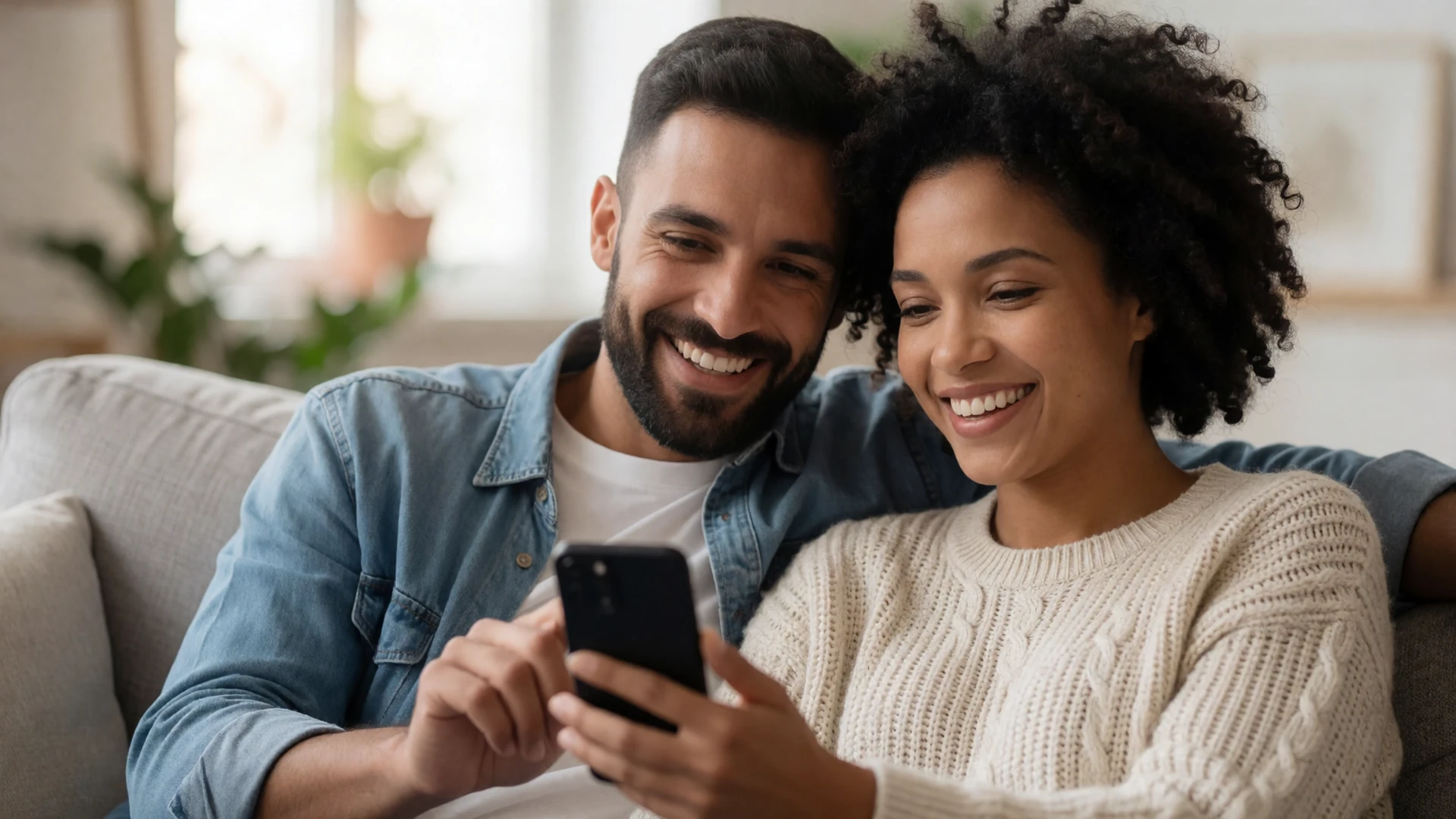 A diverse couple smiling while using a smartphone together, representing accessible online dating