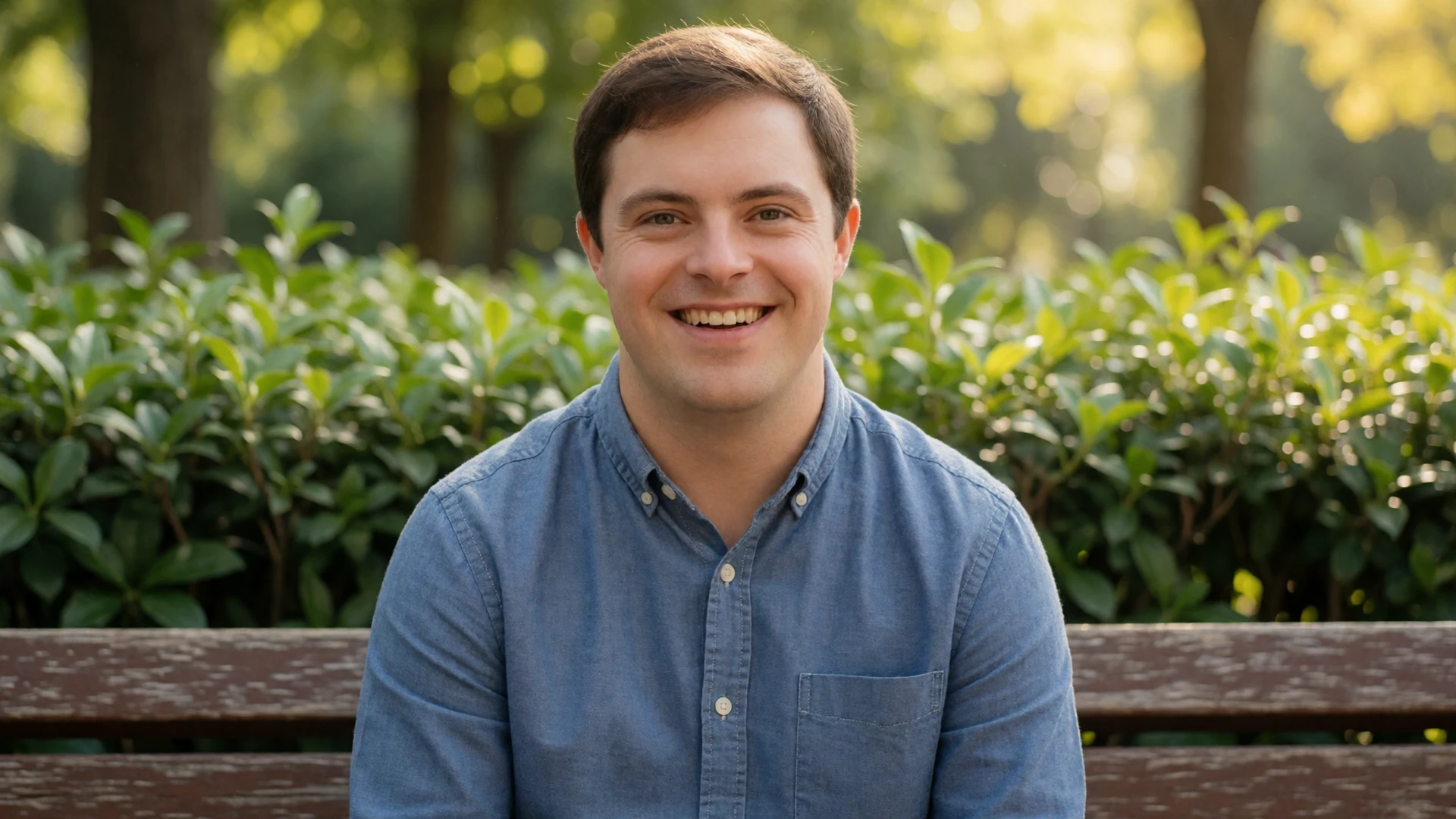 Young man with Down syndrome smiling warmly on a park bench, representing inclusive Down syndrome dating